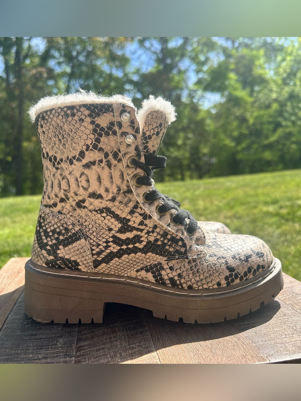 True Craft Faux Snakeskin Lace-Up Platform Boots in Beige and Black